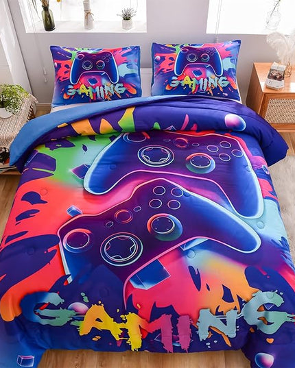 Aimuan Gaming Comforter Sets for Boys Kids Bedding Sets Video Games Console Action Buttons Novelty Colorful Game Gamepad Controller Modern Gamer Room Decor Home Quilt Set (Full, Purple) - LeafyLoom