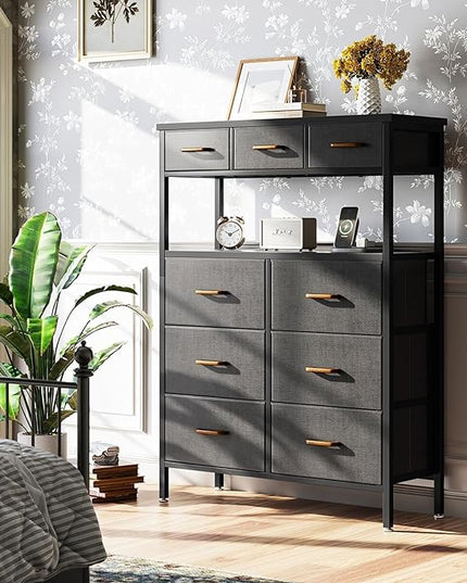 AODK Dresser with Charging Station, 52 Inches Tall Dresser for Bedroom with 9 Storage Drawers, Large Fabric Dressers for Living Room, Hallway, Dark Grey - LeafyLoom