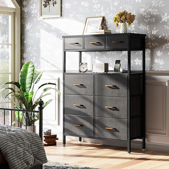 AODK Dresser with Charging Station, 52 Inches Tall Dresser for Bedroom with 9 Storage Drawers, Large Fabric Dressers for Living Room, Hallway, Dark Grey - LeafyLoom