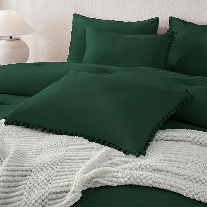 Litanika Queen Size Comforter Set Dark Green,3 Pieces Dark Green Boho Pom Pom Lightweight Bed Comforter, All Season Soft Solid Color Bedding Comforter Sets (1 Comforter 90x90 Inch, 2 Pillowcases) - LeafyLoom