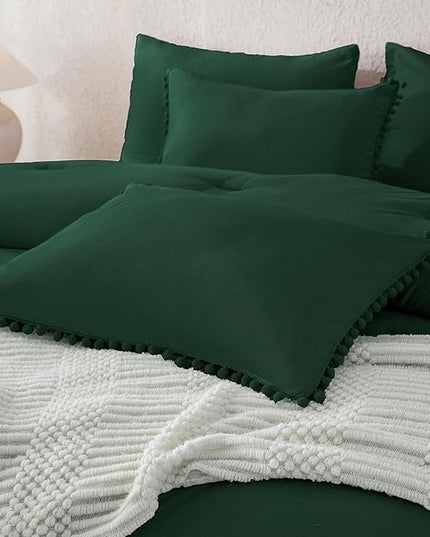 Litanika Comforter Full Size Set Dark Green,3 Pieces Dark Green Boho Pom Pom Lightweight Bed Comforter Full,All Season Solid Color Bedding Comforter Sets (1 Comforter 79x90 Inch, 2 Pillowcases) - LeafyLoom
