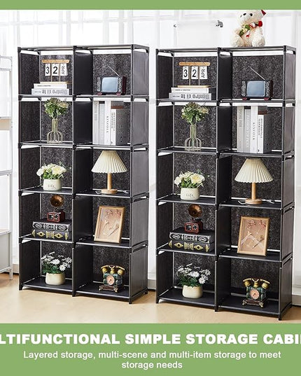 2 Pack DIY Portable Bookshelf Non Woven 5 Tier Black Cube Storage Organizer Book Case Cubicle Closet Shelf Organizer With10 Cubes Vertical Cabinet for bedroom Office Living Room - LeafyLoom