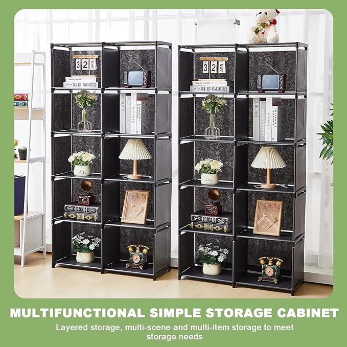 2 Pack DIY Portable Bookshelf Non Woven 5 Tier Black Cube Storage Organizer Book Case Cubicle Closet Shelf Organizer With10 Cubes Vertical Cabinet for bedroom Office Living Room - LeafyLoom