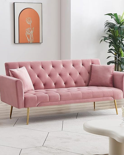 Convertible Folding Futon Sofa Bed Sleeper Lounge Couch,Small Velvet Upholstered Recliner Loveseat Daybed with Adjustable Backrest and Golden Metal Legs Space-Saving Sofabed for Living Room Office - LeafyLoom