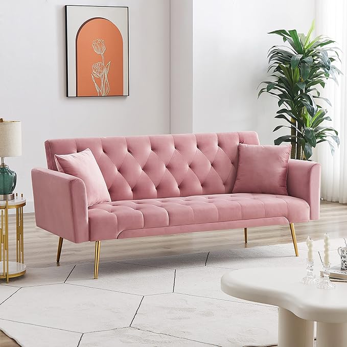 Convertible Folding Futon Sofa Bed Sleeper Lounge Couch,Small Velvet Upholstered Recliner Loveseat Daybed with Adjustable Backrest and Golden Metal Legs Space-Saving Sofabed for Living Room Office - LeafyLoom