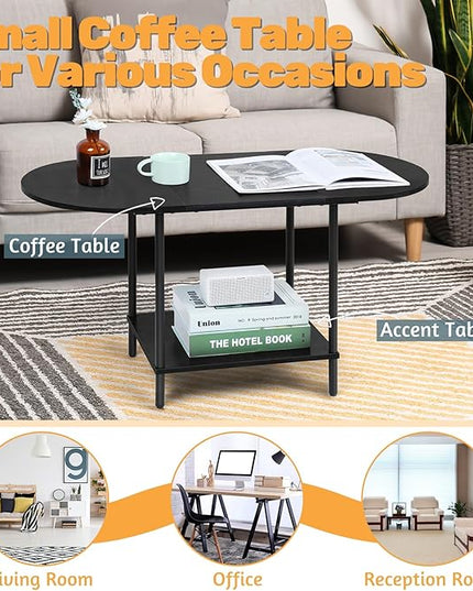 Coffee Tables for Living Room,2-Tier Small Coffee Table Industrial Modern Black Coffee Table with Storage Shelf and Wood Tabletop for Small Space,Home Office - LeafyLoom