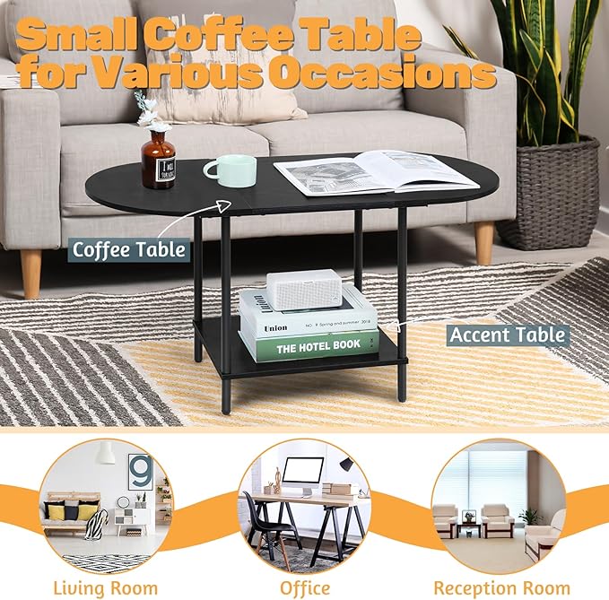 Coffee Tables for Living Room,2-Tier Small Coffee Table Industrial Modern Black Coffee Table with Storage Shelf and Wood Tabletop for Small Space,Home Office - LeafyLoom