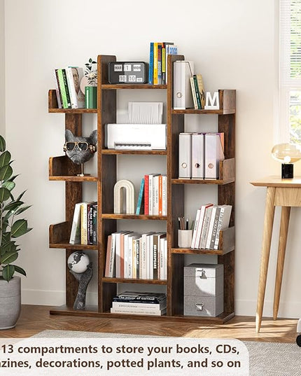Aheaplus Bookshelf, Tree-Shaped Bookcase Storage Shelf with 13 compartments, Books Organizer Display Cube Shelves, Industrial Free Floor Standing Wood Open Bookshelves for Home - LeafyLoom