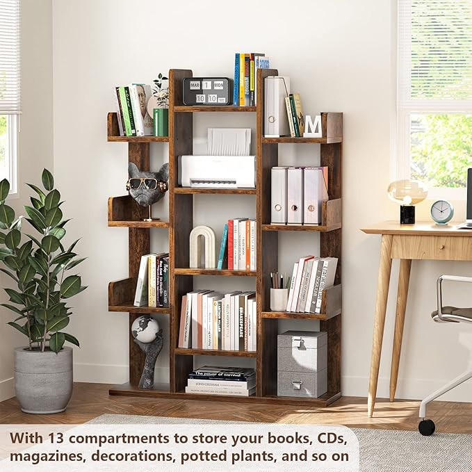 Aheaplus Bookshelf, Tree-Shaped Bookcase Storage Shelf with 13 compartments, Books Organizer Display Cube Shelves, Industrial Free Floor Standing Wood Open Bookshelves for Home - LeafyLoom