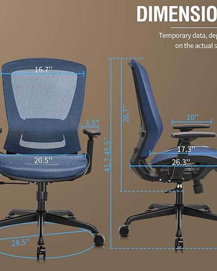 Mesh Office Chair,Ergonomic Computer Desk Chair,Sturdy Task Chair- Adjustable Lumbar Support & Armrests,Tilt Function,Comfort Wide Seat,Swivel Home Office Chair (Blue) - LeafyLoom