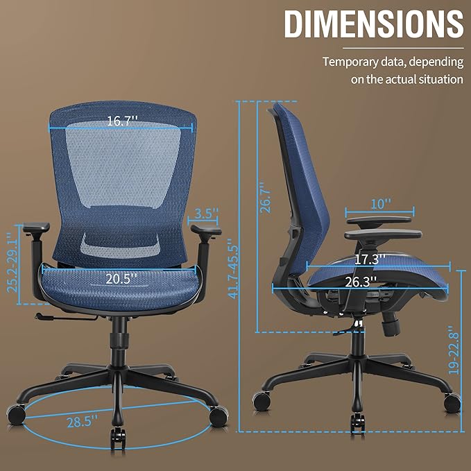 Mesh Office Chair,Ergonomic Computer Desk Chair,Sturdy Task Chair- Adjustable Lumbar Support & Armrests,Tilt Function,Comfort Wide Seat,Swivel Home Office Chair (Blue) - LeafyLoom