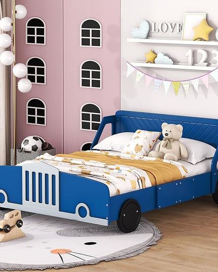 Full Size Car-Shaped Platform Bed with Wheels,Wood Bedframe W/Rails on Both Sides & Slat Support,No Box Spring Needed,Fun Play for Boys Kids Toddlers Child's Bedroom,Blue - LeafyLoom