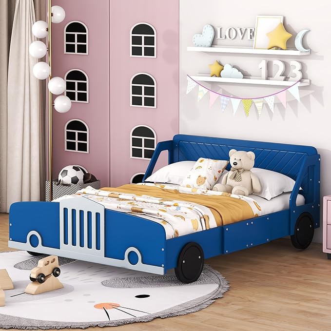 Full Size Car-Shaped Platform Bed with Wheels,Wood Bedframe W/Rails on Both Sides & Slat Support,No Box Spring Needed,Fun Play for Boys Kids Toddlers Child's Bedroom,Blue - LeafyLoom