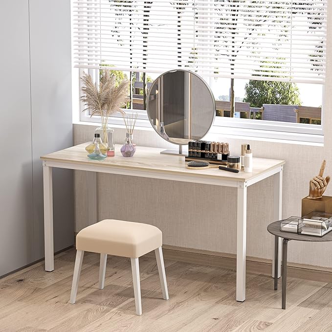 Teraves Computer desk/Dining Table Office Desk Sturdy Writing Workstation for Home Office (39.37“, Beige + White Frame) - LeafyLoom