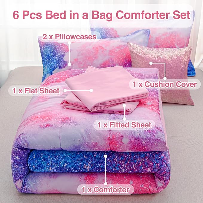 A Nice Night Galaxy Bedding Sets Outer Space Comforter 3D Printed Space Quilt Set Twin 6Pcs Glitter Pink,for Children Boy Girl Teen Kids - LeafyLoom