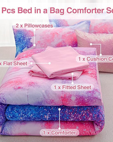 A Nice Night Galaxy Bedding Sets Outer Space Comforter 3D Printed Space Quilt Set Queen 6Pcs Glitter Pink,for Children Boy Girl Teen Kids - LeafyLoom