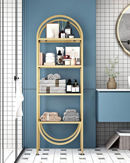 Freestanding Gold Bookshelves with Glass Shelves Storage, Modern Gold Bookcase with 4 Tier Glass Shelves, Gold Storage Organizer for Office, Living Room - LeafyLoom
