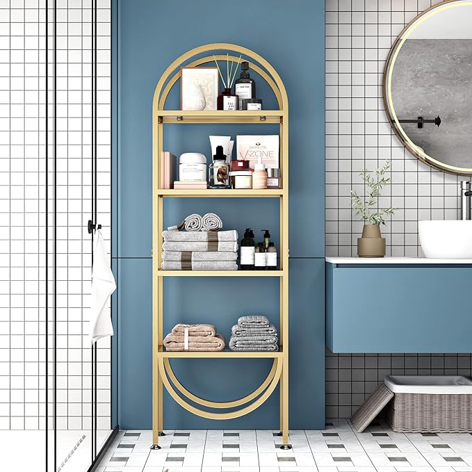 Freestanding Gold Bookshelves with Glass Shelves Storage, Modern Gold Bookcase with 4 Tier Glass Shelves, Gold Storage Organizer for Office, Living Room - LeafyLoom