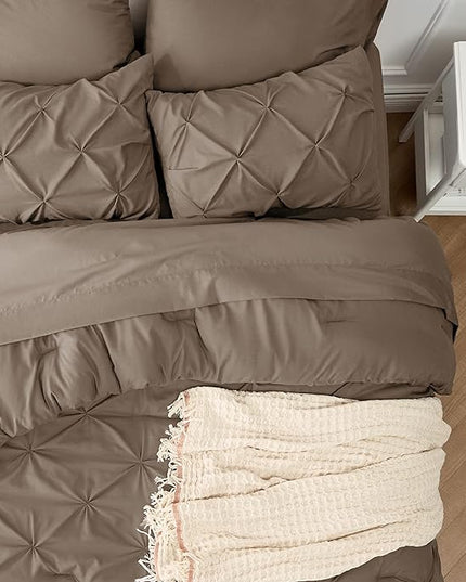Bedsure Twin XL Comforter Set - Extra Long 5 Pieces Dorm Room Essentials, Pinch Pleat Brown Bed in a Bag with Comforter, Sheets, Pillowcase & Sham, Kids Bedding Set - LeafyLoom