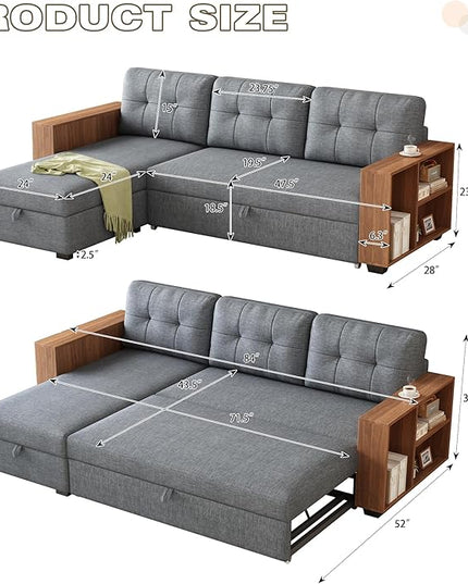 84" Pull Chaise,Sectional Couch Bed,Convertible Sleeper, L Shaped Sofa with Wooden Storage Handrail for Living Room,Apartment,Office,Light Grey - LeafyLoom