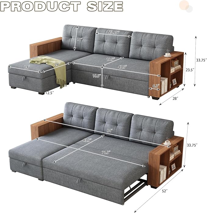 Convertible Sectional Couch with Pull Out Bed and Storage Chaise,L Shaped Sleeper Sofa W/Storage Cabinet Armrests & Removable Back Cushions,Living Room Furniture,for Home,Office,Light Grey,84" - LeafyLoom