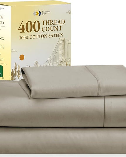 California Design Den Softest 100% Cotton Sheets, Twin Sheets Set, 3 Pc, 400 Thread Count Sateen, Bedding for Dorm Rooms & Adults, Deep Pocket Sheets, Cooling Sheets, Twin Bed Sheets (Taupe) - LeafyLoom