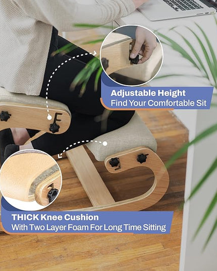 Ergonomic Kneeling Chair - Adjustable Height Rocking Knee Chair Posture Chair - Wooden Office Chair to Improve Posture - Desk Chair for Home Office Gift Woman - Angled Chair Ivory Kneeling Stool - LeafyLoom