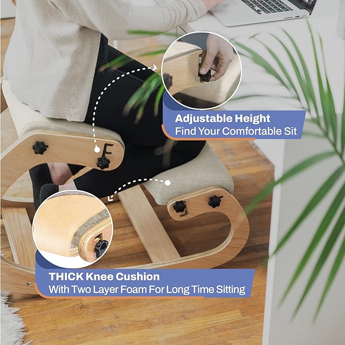 Ergonomic Kneeling Chair - Adjustable Height Rocking Knee Chair Posture Chair - Wooden Office Chair to Improve Posture - Desk Chair for Home Office Gift Woman - Angled Chair Ivory Kneeling Stool - LeafyLoom