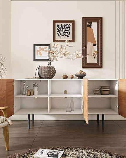 roomfitters Mid Century Modern TV Stand for TVs up to 65", Boho Sideboard Buffet Cabinet Credenza, Media Console Entertainment Center for Living Room, Poplar Wood Print Carved and Geometric Design - LeafyLoom