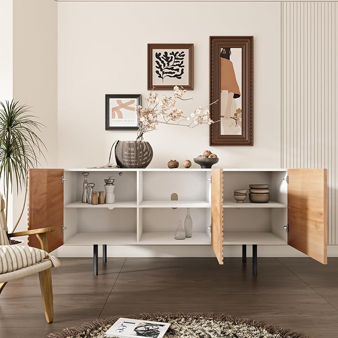 roomfitters Mid Century Modern TV Stand for TVs up to 65", Boho Sideboard Buffet Cabinet Credenza, Media Console Entertainment Center for Living Room, Poplar Wood Print Carved and Geometric Design - LeafyLoom
