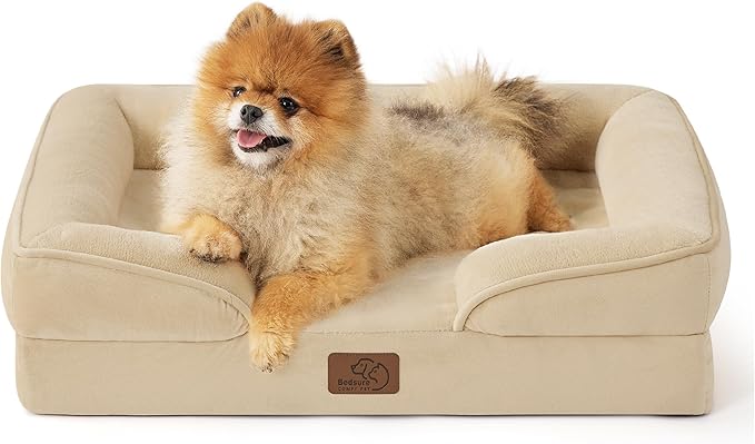 Bedsure Small Orthopedic Dog Bed - Washable Bolster Dog Sofa Beds for Small Dogs, Supportive Foam Pet Couch Bed with Removable Washable Cover, Waterproof Lining and Nonskid Bottom Couch, Light Khaki BEDSURE