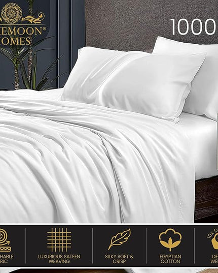 Bluemoon Homes 100% Egyptian Cotton Sheets California King Size - 1000 Thread Count, 4-Piece White Cal king Bedding Set, Sateen Weave Hotel Luxury, Fits Mattress upto 18" Deep Pocket - White Sheets - LeafyLoom