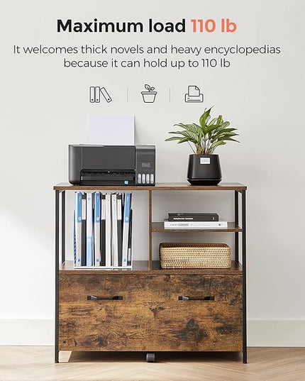 VASAGLE Lateral File Cabinet with Open Shelves and Drawer, for A4, Letter and Legal Sized Documents, Printer Stand, Rustic Brown + Black - LeafyLoom