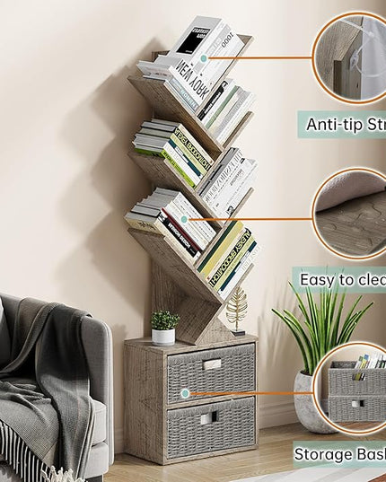 Vagusicc 6 Tier Tree Bookshelf, Modern Floor Standing Bookcase with Storage Drawer, Space Saving Storage Organizer Book Shelves for Books, Tall Wood Storage Rack for Bedroom/Living Room/Home Office - LeafyLoom