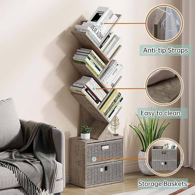Vagusicc 6 Tier Tree Bookshelf, Modern Floor Standing Bookcase with Storage Drawer, Space Saving Storage Organizer Book Shelves for Books, Tall Wood Storage Rack for Bedroom/Living Room/Home Office - LeafyLoom