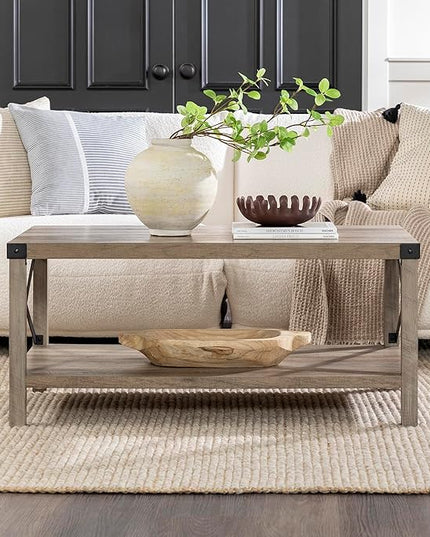 Walker Edison Sedalia Modern Farmhouse Metal X Coffee Table, 40 Inch, Grey Wash - LeafyLoom