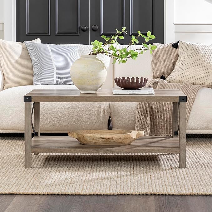 Walker Edison Sedalia Modern Farmhouse Metal X Coffee Table, 40 Inch, Grey Wash - LeafyLoom