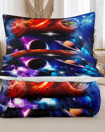 NINENINE Space Bedding Sets Queen Size for Girls Purple Galaxy Comforter Outer Space Earth Planets Stars Theme Solar Galaxy Bedding System Bed Set with 1 Space Comforter 2 Pillowcases - LeafyLoom