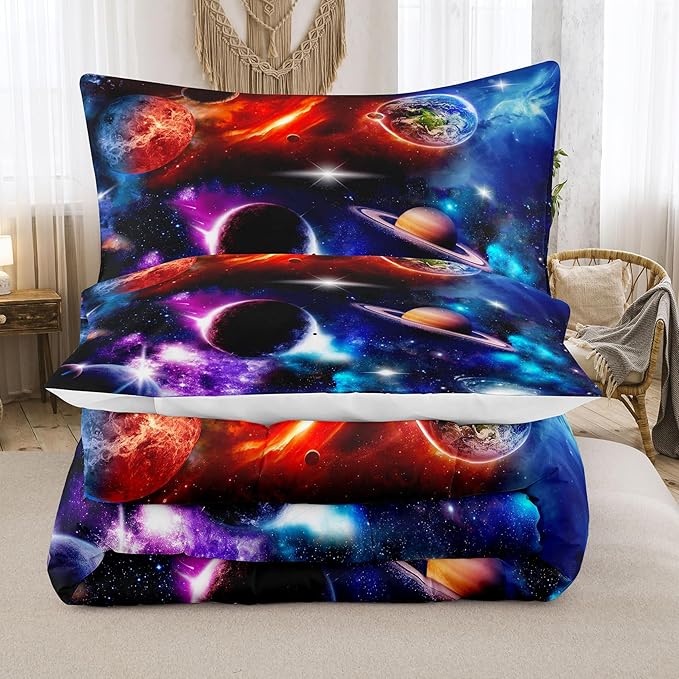 NINENINE Space Comforter Sets Galaxy Bedding Purple Comforter Twin Size Bedding Sets for Girls Earth Planets Stars Theme Solar Comforter System Bed Set with 1 Comforter 1 Pillowcase - LeafyLoom