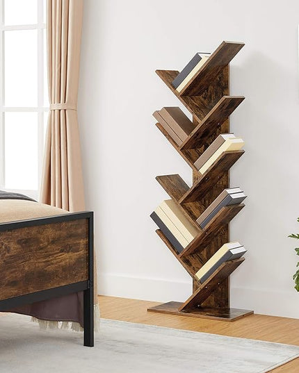 VASAGLE Tree Bookshelf, 9-Tier Bookcase, Large Bookshelf, Space-Saving Corner Shelf, Book Tree, Holds Books, CDs, Games, for Bedroom, Living Room, Home Office, Rustic Brown ULBC11BX - LeafyLoom