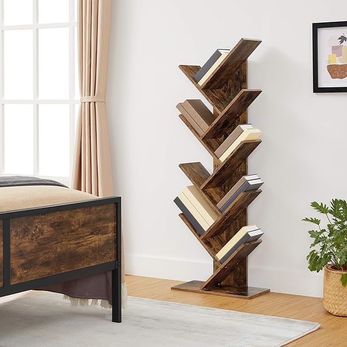 VASAGLE Tree Bookshelf, 9-Tier Bookcase, Large Bookshelf, Space-Saving Corner Shelf, Book Tree, Holds Books, CDs, Games, for Bedroom, Living Room, Home Office, Rustic Brown ULBC11BX - LeafyLoom