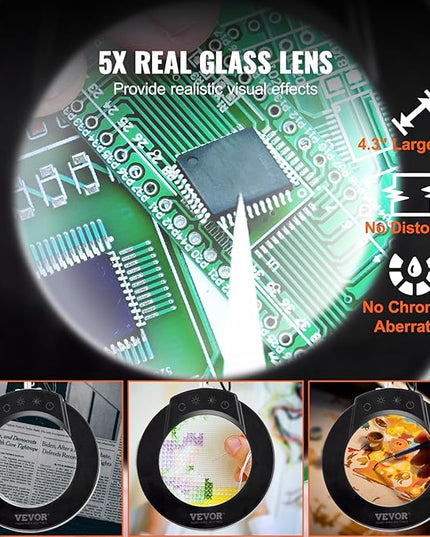 VEVOR Magnifying Glass with Light, 5X Magnifying Lamp, 4.3" Glass Lens, Desk Magnifier with Light, 64 LED Lights 5 Color Modes, with Clamp for Close Work, Reading, Repair Crafts - LeafyLoom
