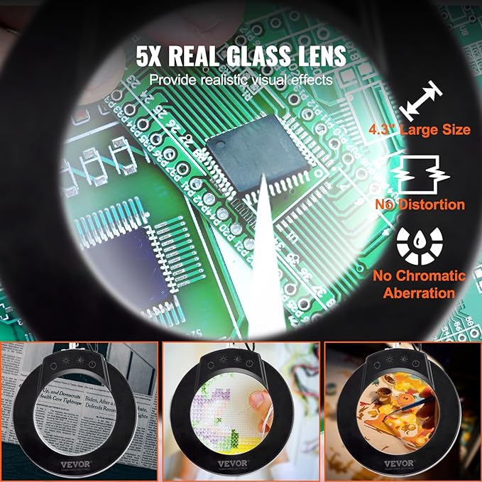 VEVOR Magnifying Glass with Light, 5X Magnifying Lamp, 4.3" Glass Lens, Desk Magnifier with Light, 64 LED Lights 5 Color Modes, with Clamp for Close Work, Reading, Repair Crafts - LeafyLoom