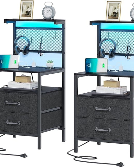Tall Nightstand Set of 2 with Charging Station and LED Lights, Night Stand with Fabric Drawers, Bedside Table 36.4 Inch with Storage Shelves, Side Table, Mesh Shelves with Hooks, Black - LeafyLoom