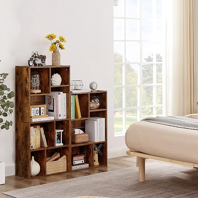 VECELO 42" Modern Bookshelf, 7 Cube Organizer Bookcase,Fits Tallest Hardcovers, Horizontal Available,Floor Standing Display,Easy Assembly, Vintage Brown - LeafyLoom