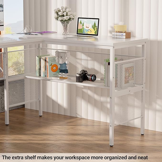 Reversible L Shaped Computer Desk Power Outlets and USB Ports, Large Corner Desk, Sturdy Home Office Gaming Table with Storage, Unique Grid Design Writing Desk, Easy to Assemble, Pure White - LeafyLoom