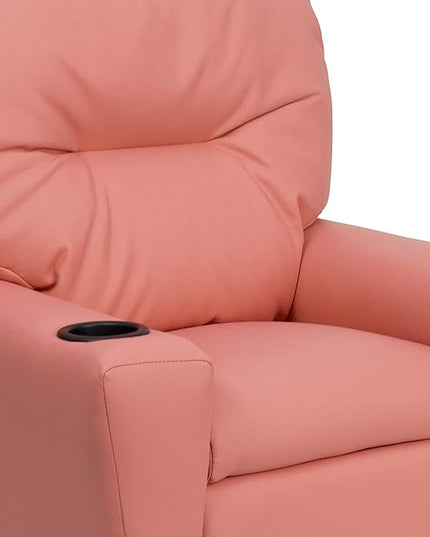 Flash Furniture Chandler Vinyl Kids Recliner with Cup Holder and Safety Recline, Contemporary Reclining Chair for Kids, Supports up to 90 lbs., Pink - LeafyLoom