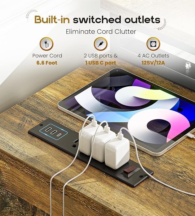 Rustic Corner Desk with Storage, L Shaped Farmhouse Office Desk with Sufficient Storage Capacity, Built-in Power Socket and Barn Door Design - LeafyLoom