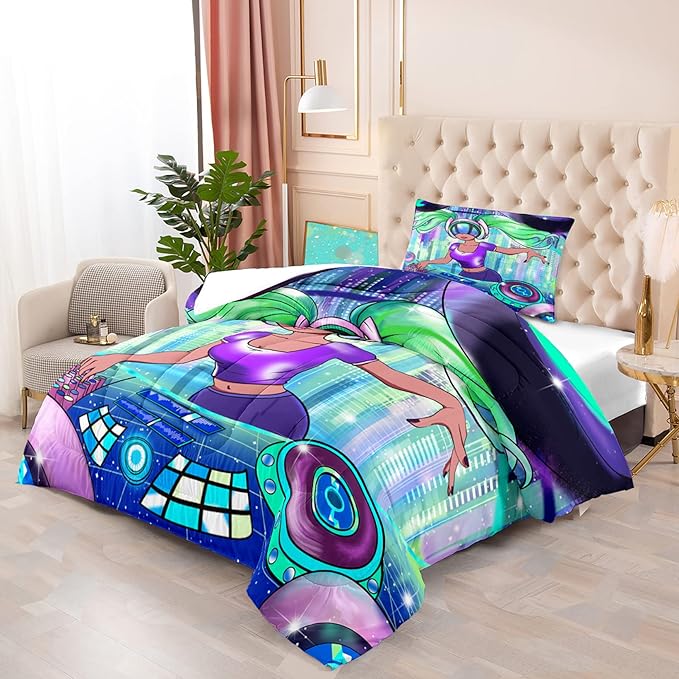 Black Girl Comforter Sets for Girls Twin Comforter Set for Girls Teen Comforter Sets for Girls Adults Twin Pretty African American DJ Girl Pattern Twin Bedding Comforter Set with 1 Pillowcase - LeafyLoom