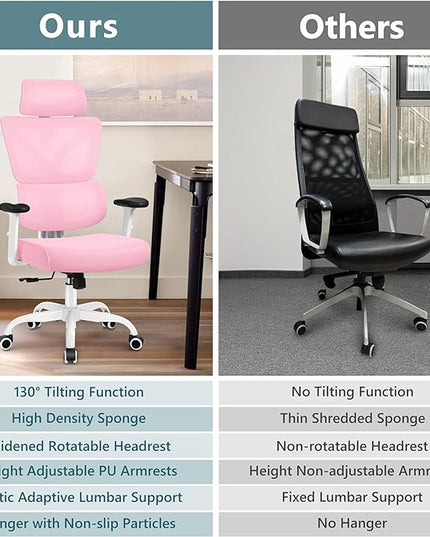 Office Chair Ergonomic Desk Chair, High Back Gaming Chair, Big and Tall Reclining chair Comfy Home Office Desk Chair Lumbar Support Breathable Mesh Computer Chair Adjustable Armrests (Pink) - LeafyLoom